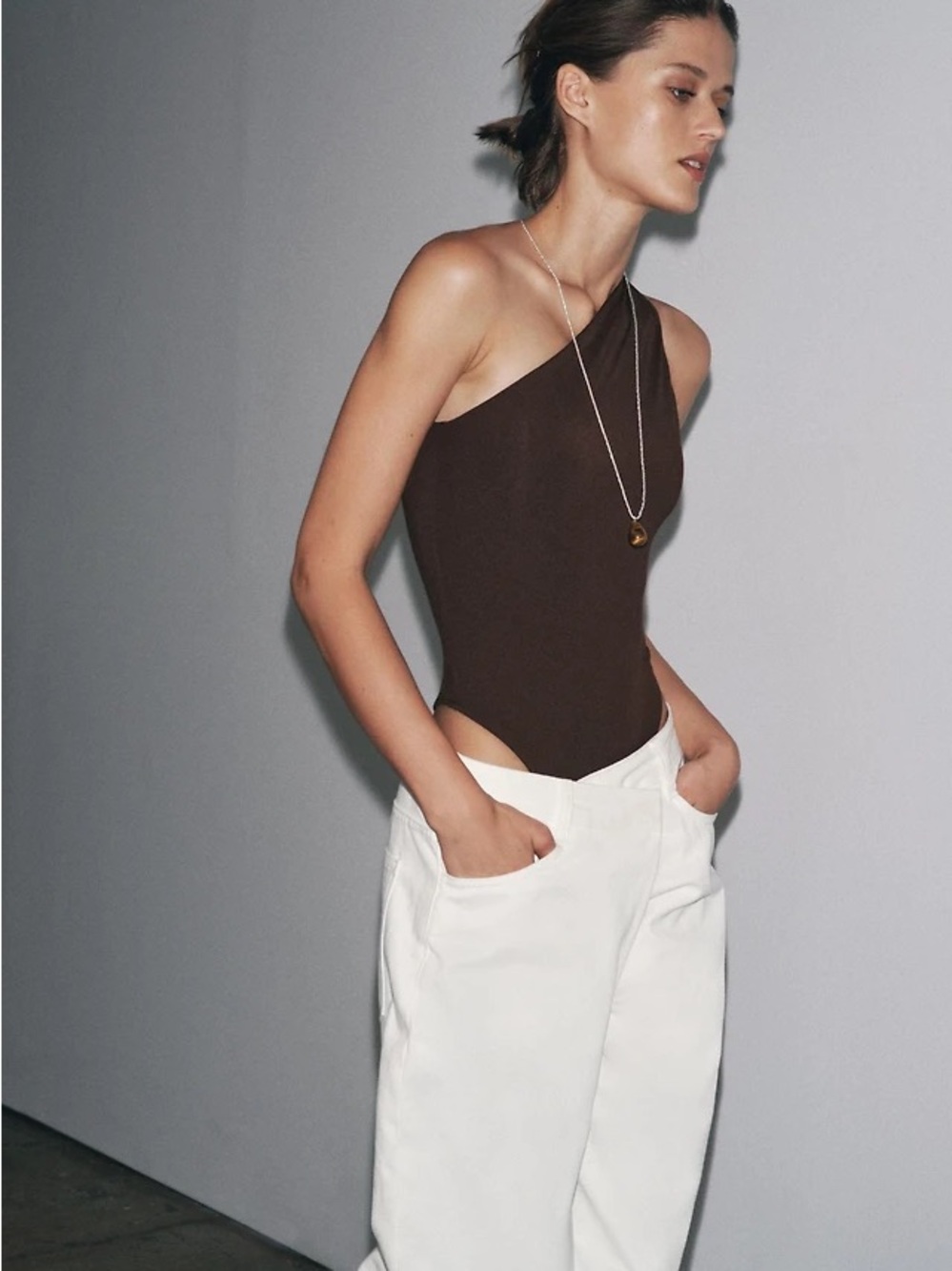 Zara One-Shoulder Brown Bodysuit